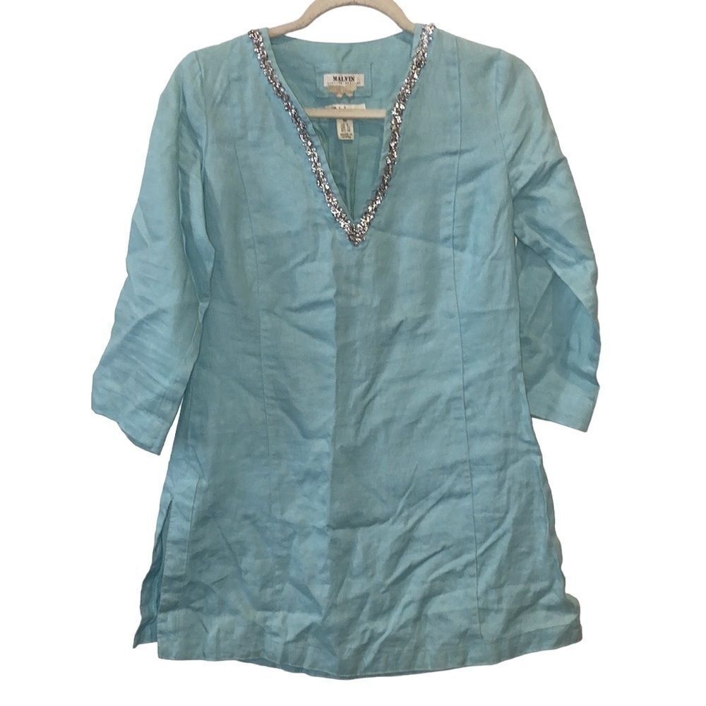 Malvin Linen Sequin Rhinestone Tunic Top Summer Medium​​